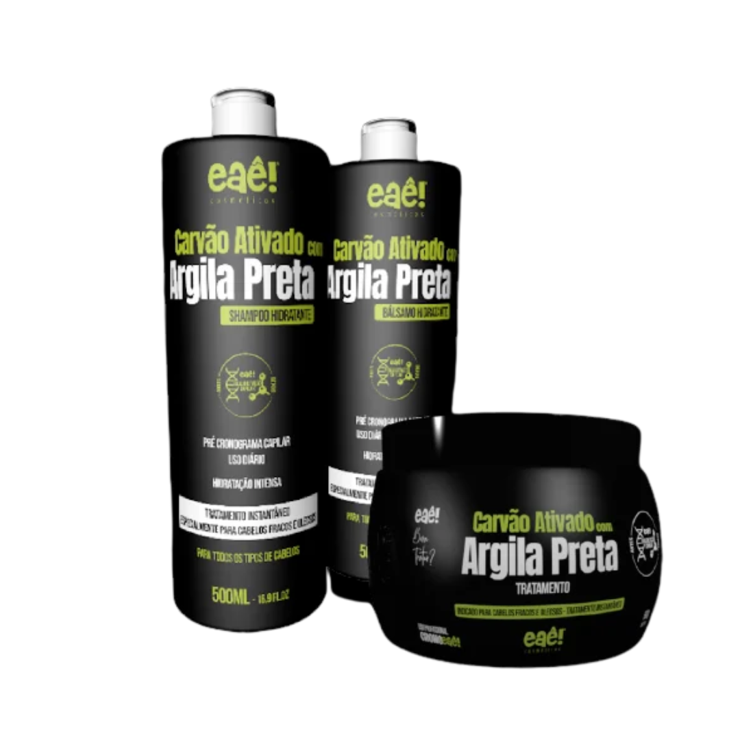 Kit Carvão Ativado com Argila Preta 3 Passos - Shampoo + Bálsamo + Máscara Eaê! Cosméticos