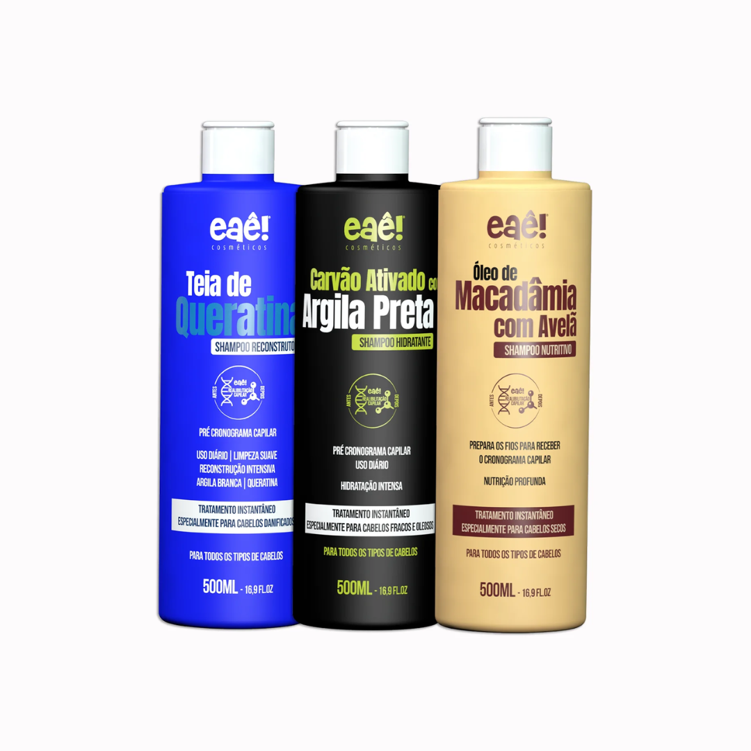 Kit 3 Shampoos Cronograma Capilar 500ml - Hidratação, Nutrição e Reconstrução Eaê! Cosméticos